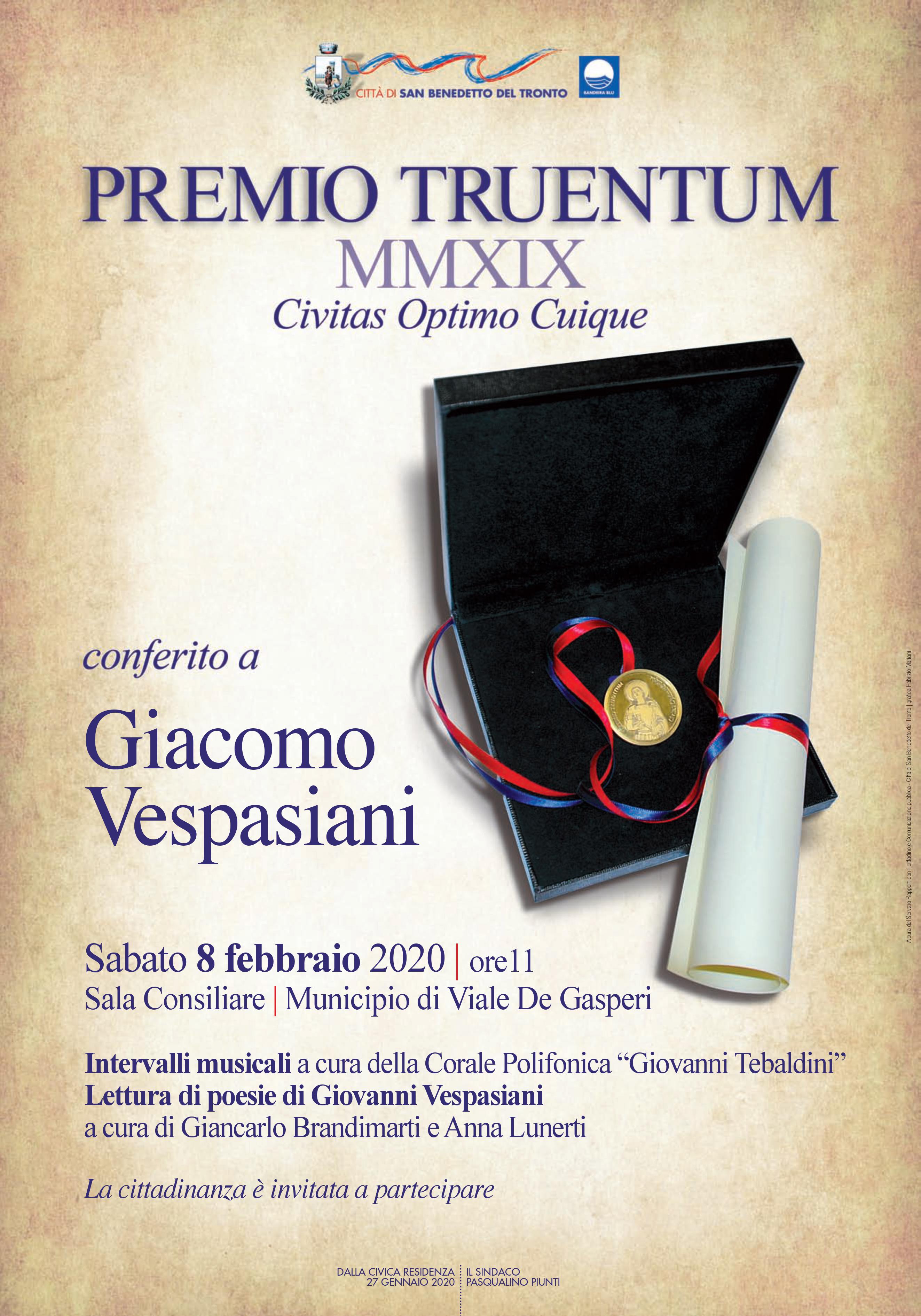 Sabato 8 febbraio la consegna del premio Truentum al dr. Vespasiani