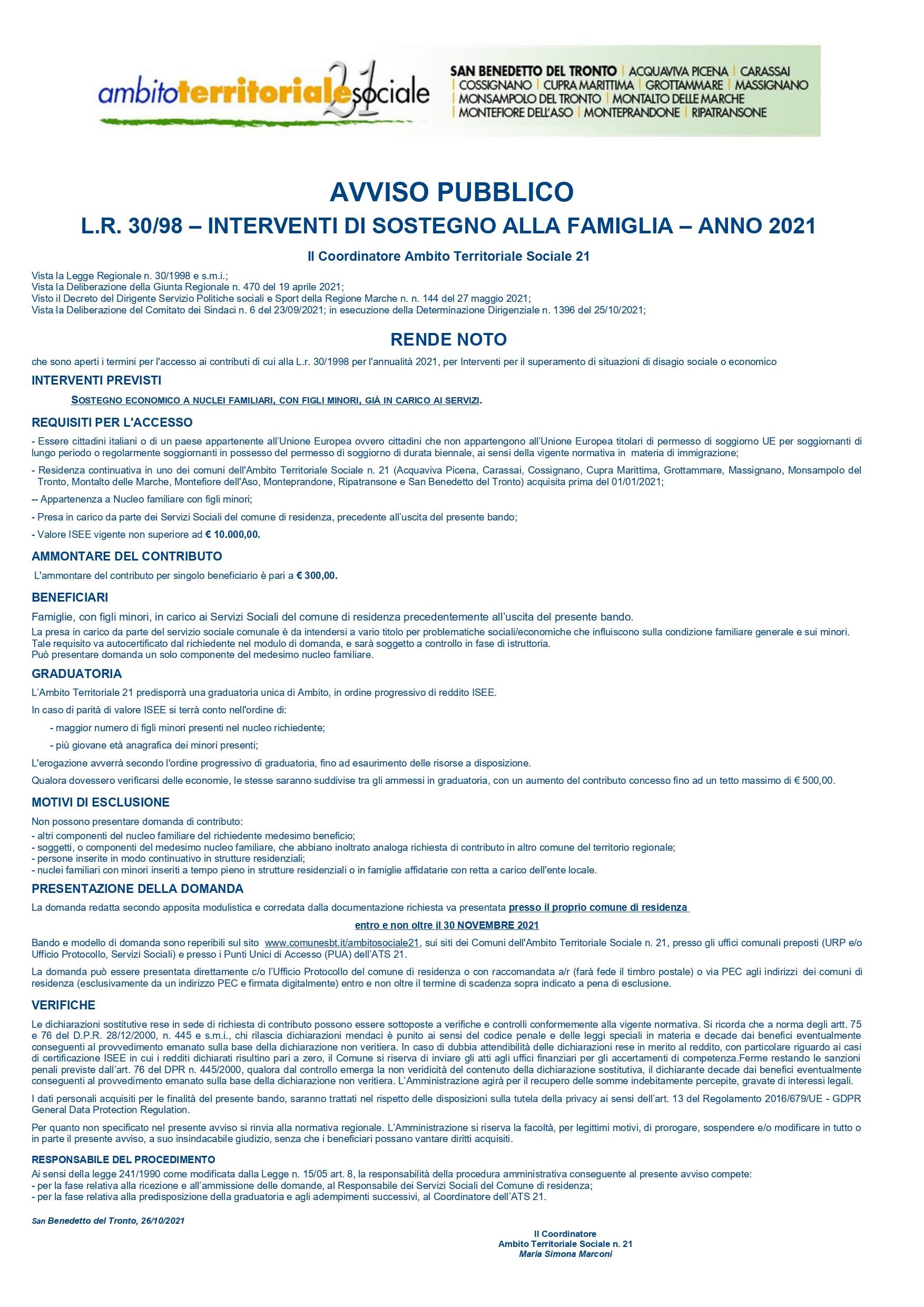 AVVISO PUBBLICO L.R. 30/98 - INTERVENTI DI SOSTEGNO ALLA FAMIGLIA - ANNO 2021