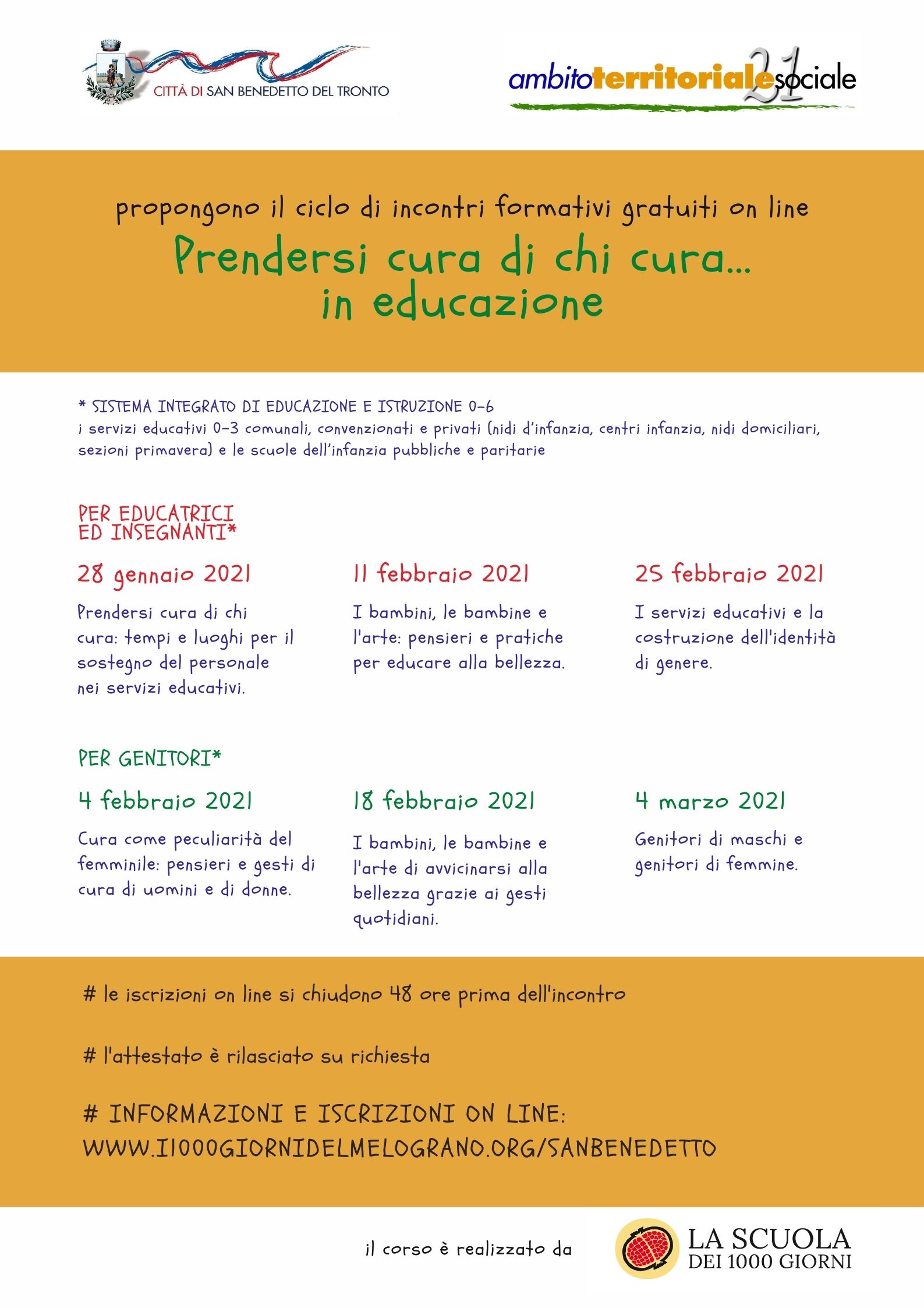 Ciclo di incontri gratuiti online "PRENDERSI CURA DI CHI CURA... IN EDUCAZIONE"